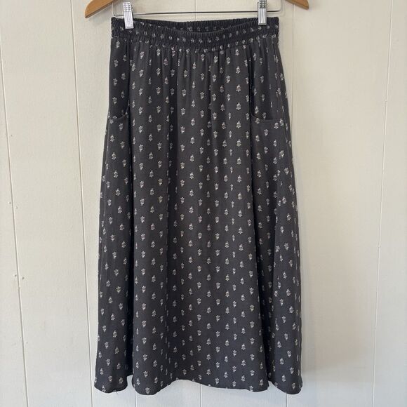 Garnet Hill XS Midi Skirt Gray Floral Pockets Elastic Waist Boho Sustainable - Picture 1 of 12